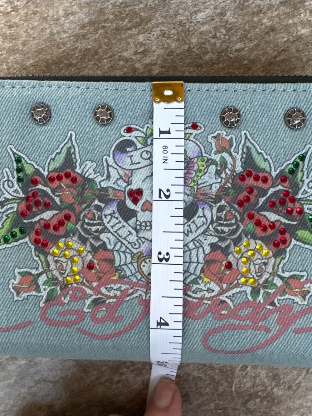 Ed Hardy Light Blue Denim Skull & Roses Wristlet Wallet - Picture 10 of 13